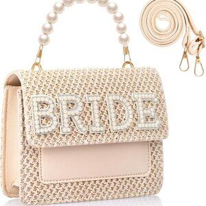Bride Purse Bridal Beach Straw Bag with Pearls Handle Clutch Purse Women Gifts f